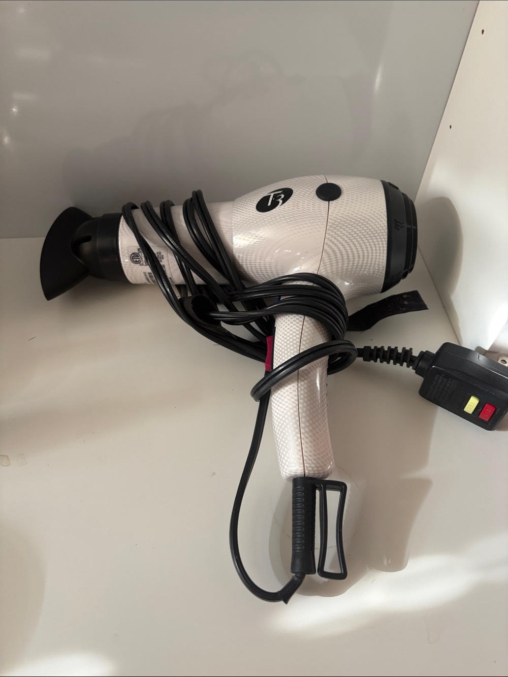 T3 White Compact Hair Dryer with Black Accents